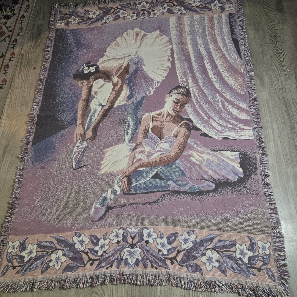 Vtg Ballerina Tapestry Throw Blanket Goodwin Weavers Ballet Pink Purple 68x48"